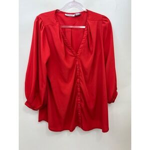 Roaman's Womens Size 12W Blouse Lipstick Red 3/4 Sleeve Button Front